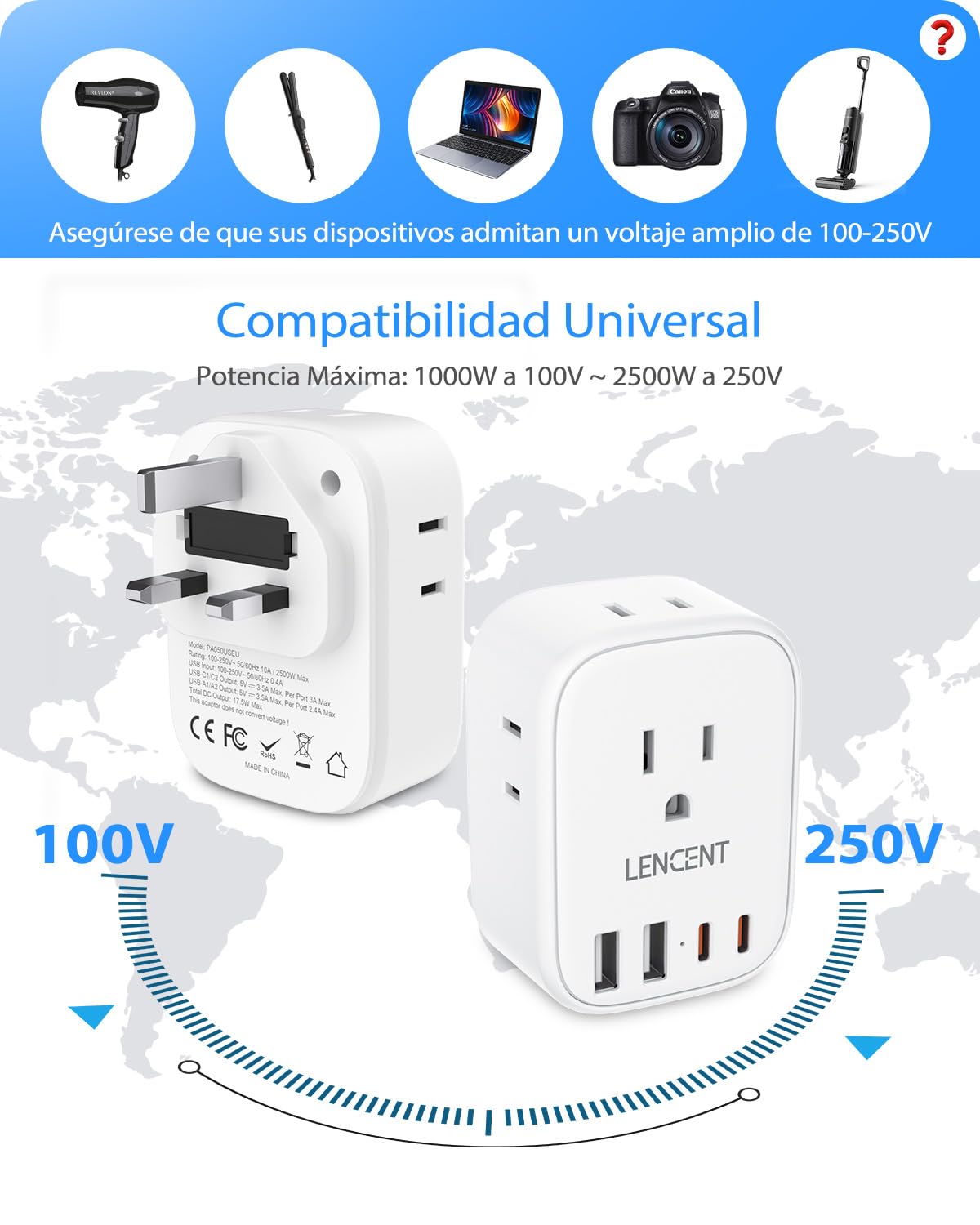 LENCENT Adaptador de Enchufe Inglés Tipo G con 4 Salidas CA, 2 USB-C y 2 USB-A - Cargador para Viaje de México a Reino Unido, Hong Kong, Irlanda, Dubái