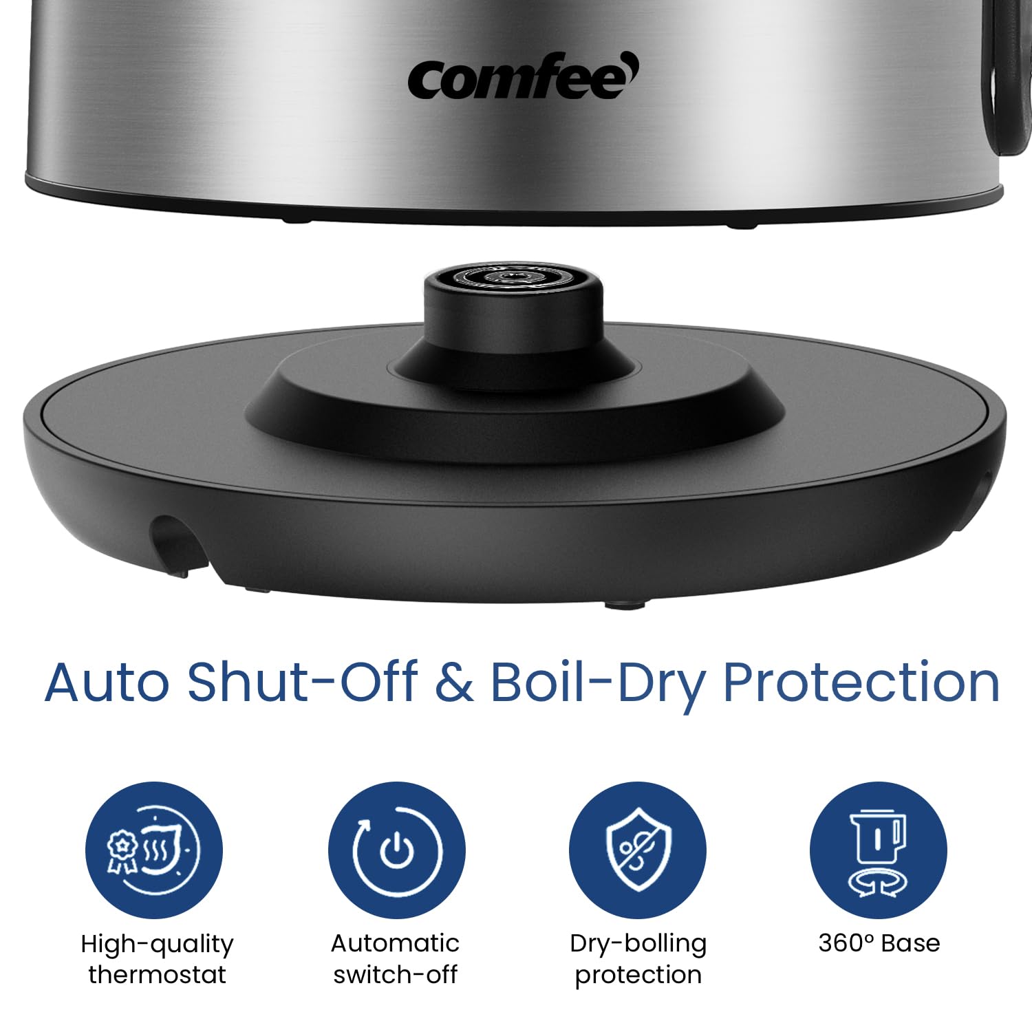 COMFEE' Hervidor eléctrico de acero inoxidable, hervidor eléctrico y de agua caliente de 1,7 litros, hervidor rápido de 1500 W con luz LED, apagado automático y protección contra ebullición en seco