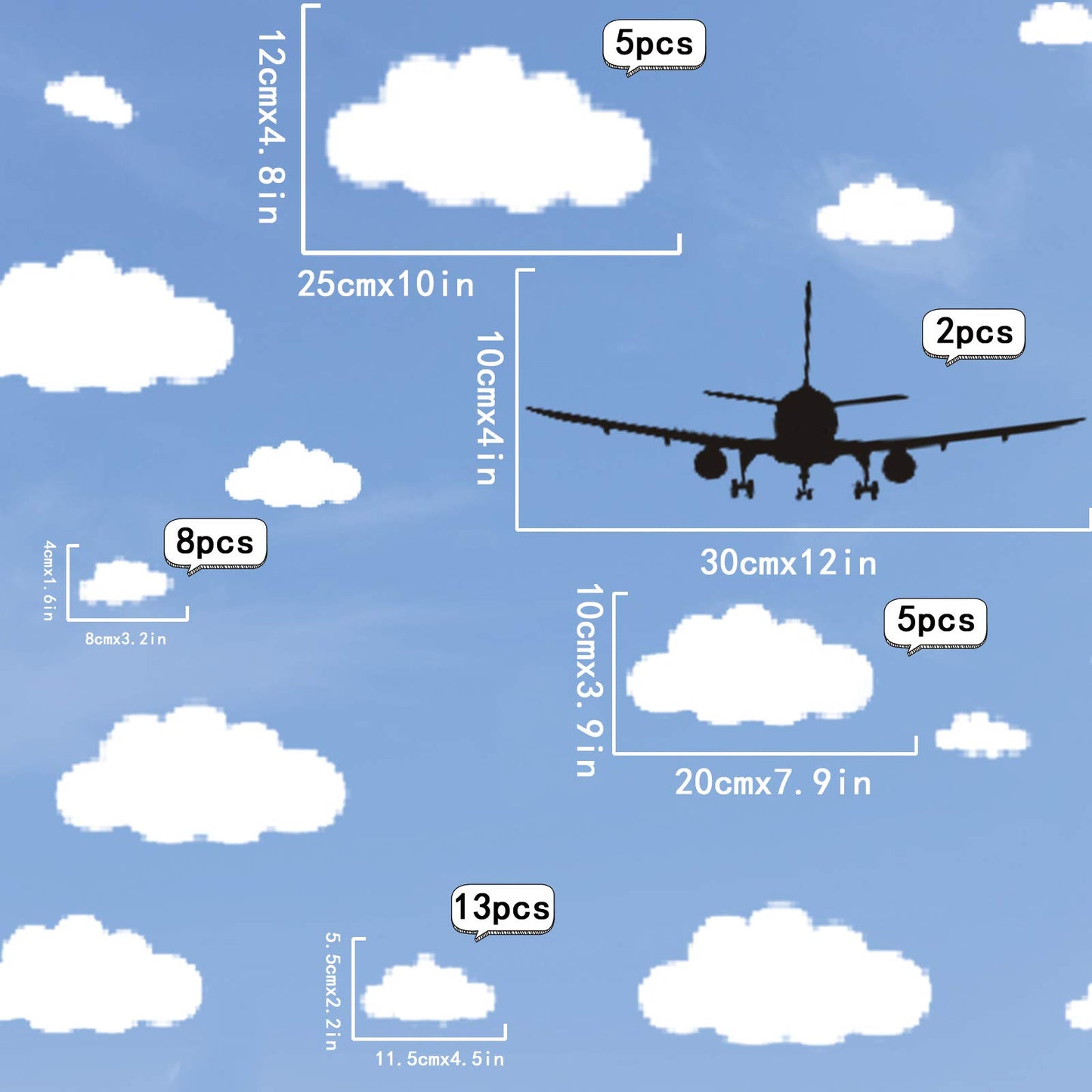 31 piezas de calcomanías de nubes para pared y 2 piezas de aviones negros decorativos para pared para habitación de bebé y niños, calcomanías de pared de nubes removibles de vinilo CUNYA para