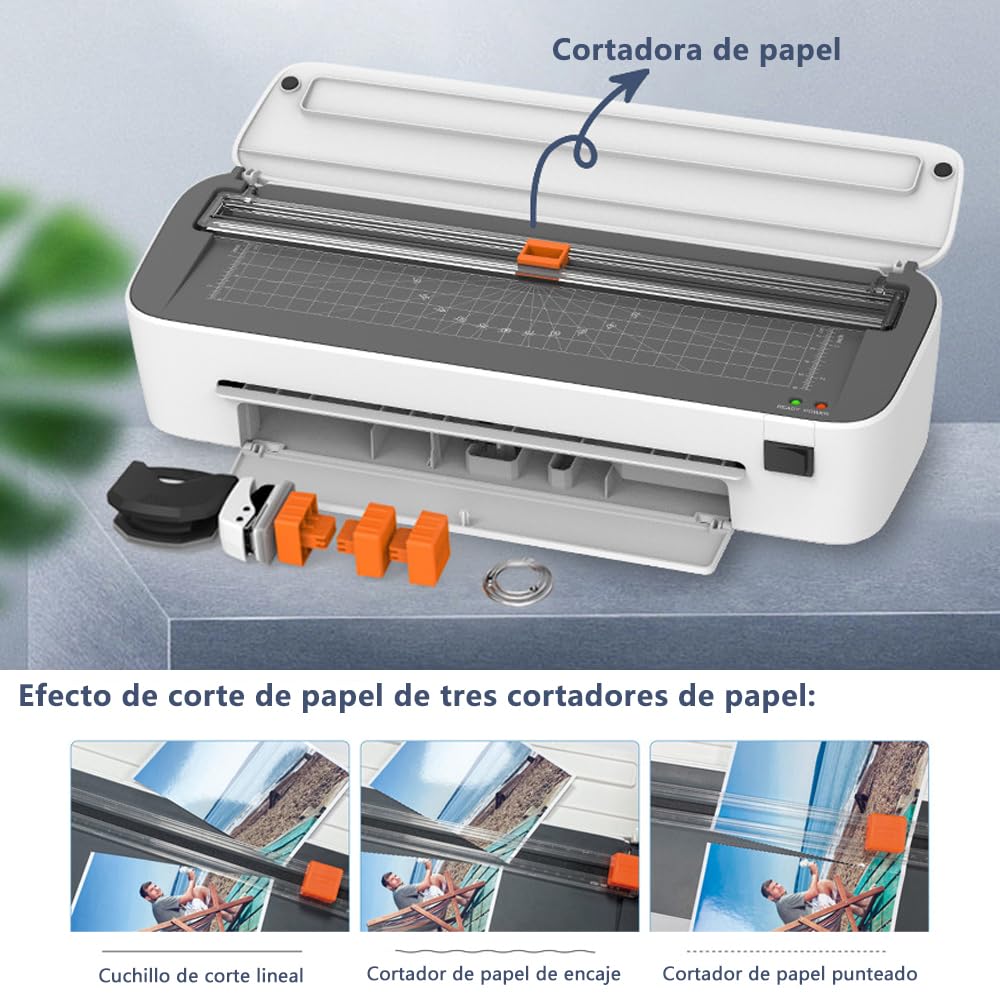 Laminadora Enmicadora Térmica de Multifuncional 6 en 1, A4 Máquina Laminadora+Cortador de Papel+300 Hojas Laminadoras(SL388)