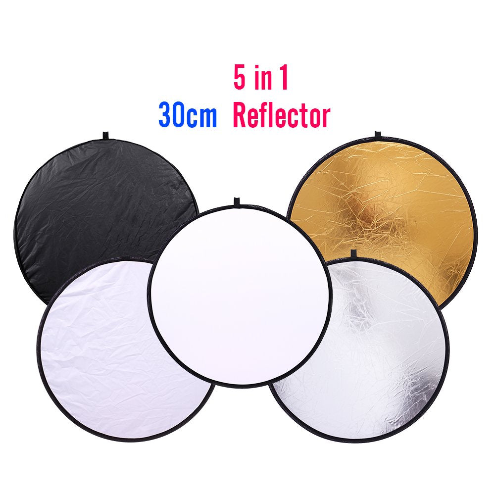 Photography Reflector 12"/30cm 5-in-1 Collapsible Multi-Disc Light Reflectors with Bag - Translucent, Gold, Silver, Black and White