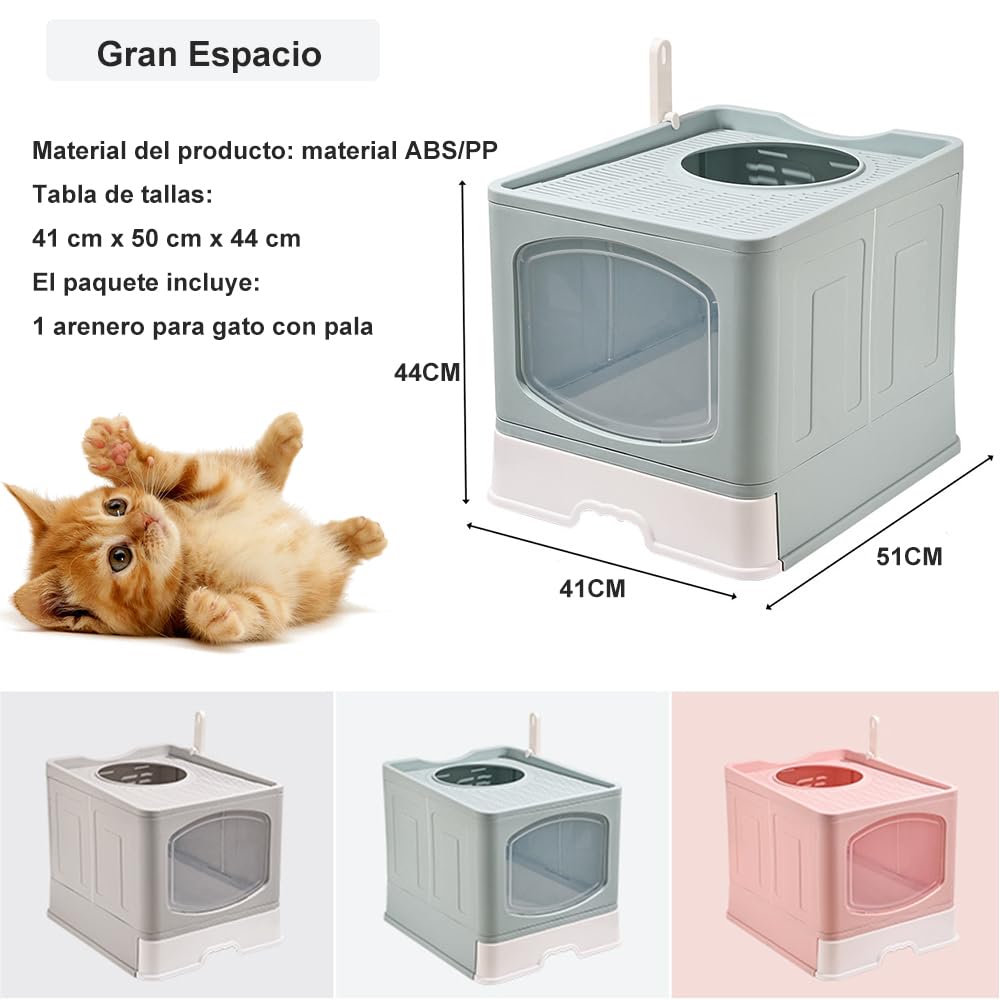 Arenero/Inodoro para Gato con Pala de Plegable, Caja de Arena para Gatos Removibles 51*44*41cm con Puerta Superior&Puerta Lateral Móvil de dos Direcciones, Antiolor y a Prueba de Salpicaduras (Azul)