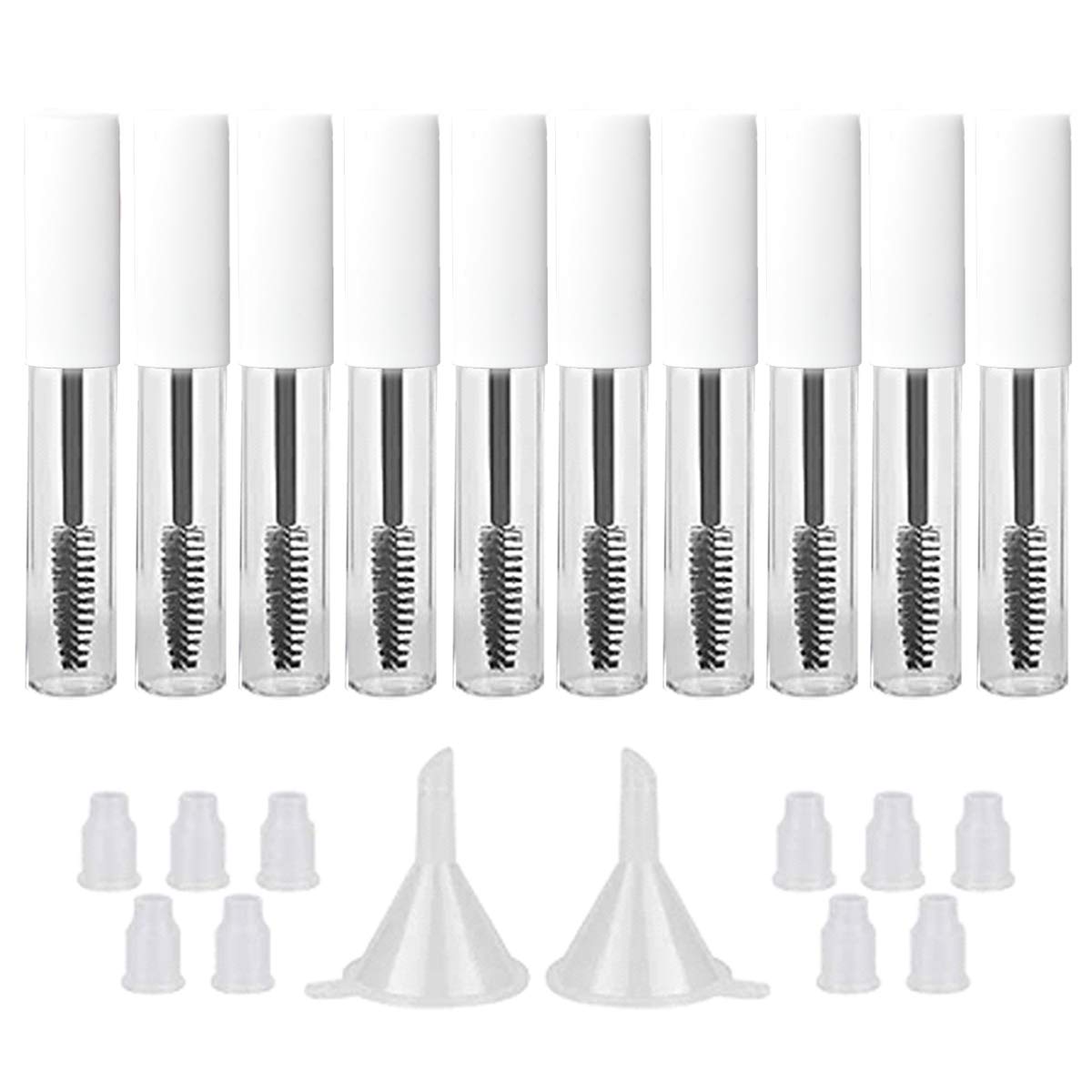 GTHER - Juego de 10 botellas vacías de 10 ml con varita de pestañas e insertos de goma y embudos para aceite de ricino/aceite de crecimiento de pestañas, contenedor de crema de pestañas con tapa, color blanco mate