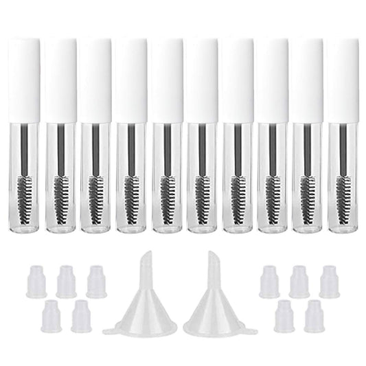 GTHER - Juego de 10 botellas vacías de 10 ml con varita de pestañas e insertos de goma y embudos para aceite de ricino/aceite de crecimiento de pestañas, contenedor de crema de pestañas con tapa, color blanco mate