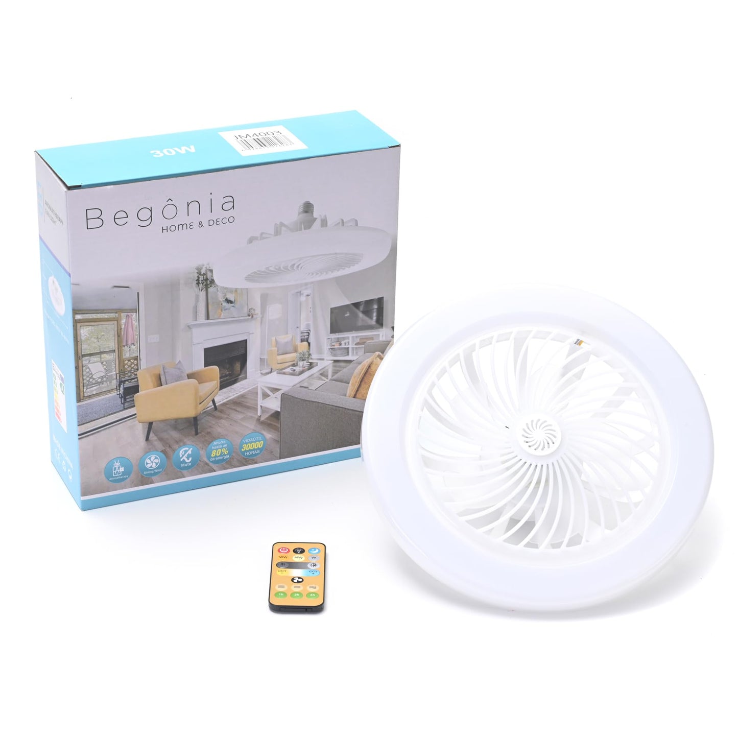 Begonia Ventilador de Techo con Luz LED de Tres Tonalidades - Control Remoto Inteligente con Temporizador - 30W - 25.5 X 13cm