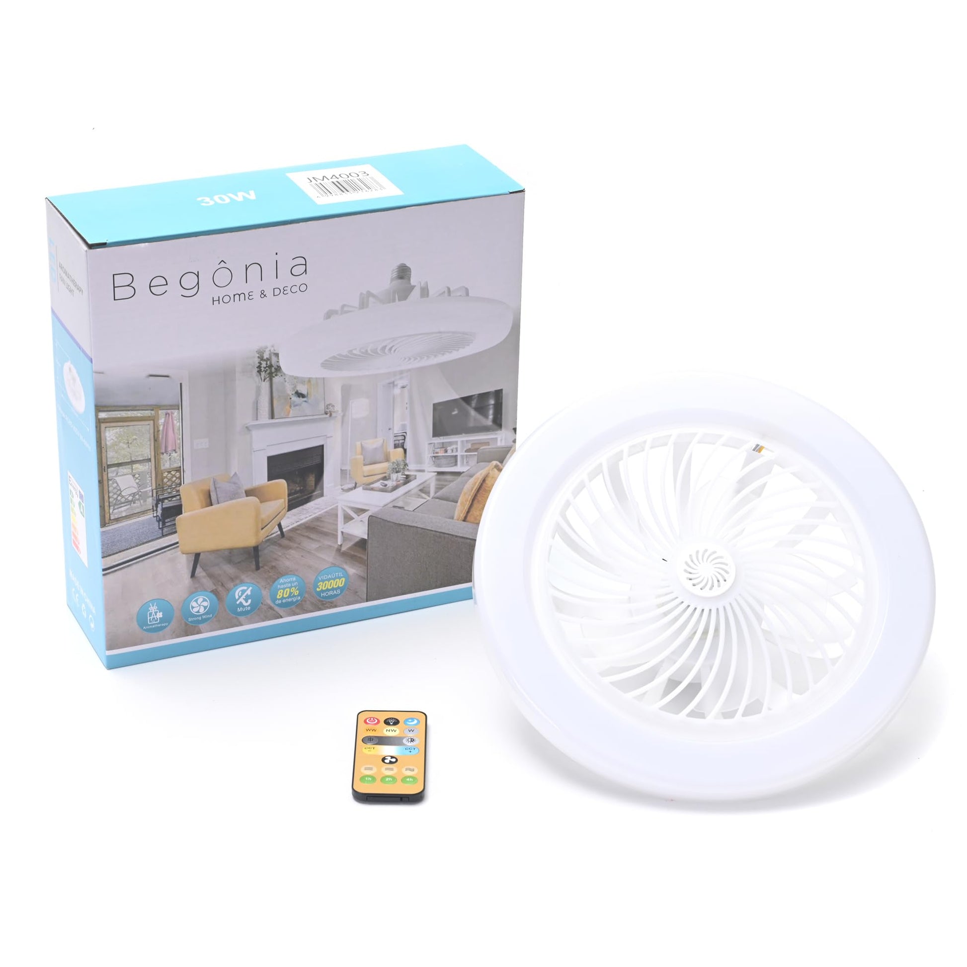 Begonia Ventilador de Techo con Luz LED de Tres Tonalidades - Control Remoto Inteligente con Temporizador - 30W - 25.5 X 13cm