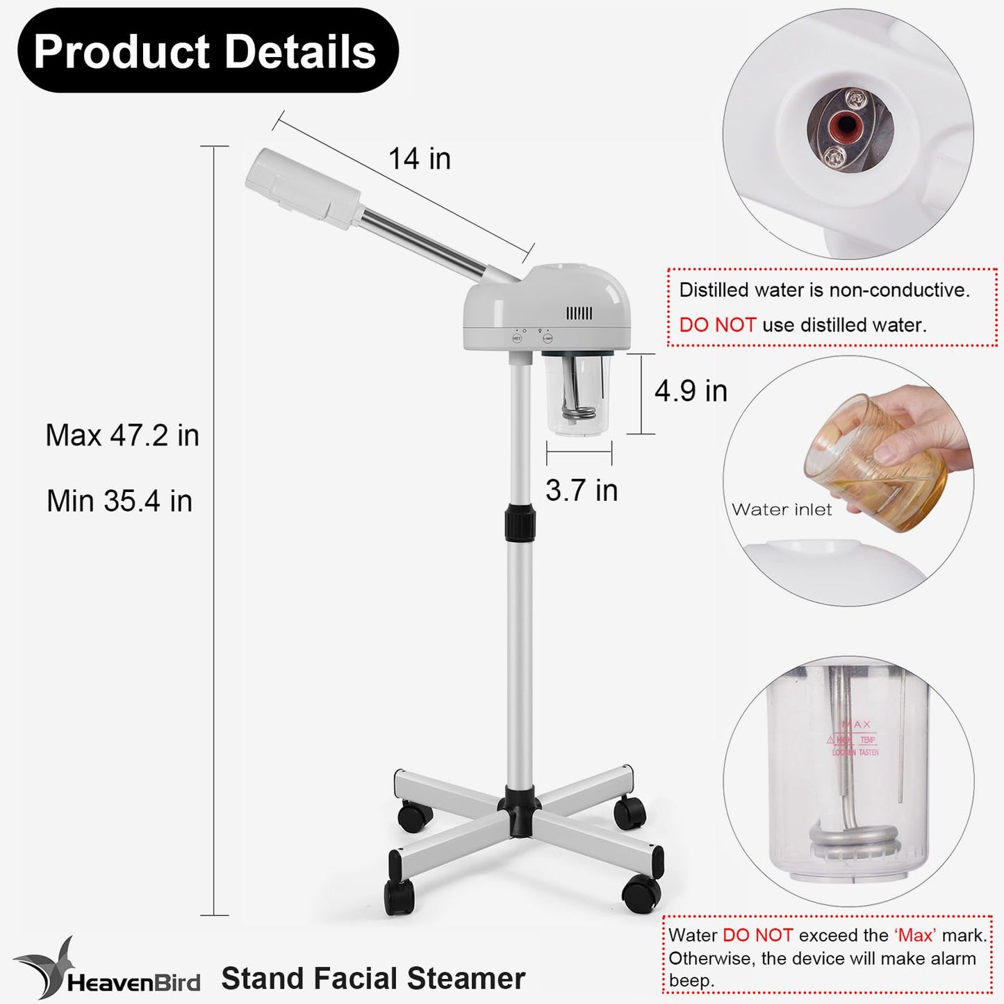 Vaporizador facial de ozono profesional con soporte, control táctil, altura ajustable y base rodante, boquilla giratoria de 360°, función de niebla caliente, uso para el hogar, salón de spa (blanco)