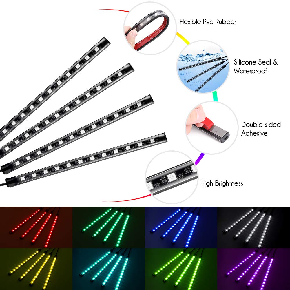 Haofy Luz Interior Coche, 4 Piezas 48 LED Lámpara de Neón Luz de Tira Multicolor Coche de Música, con Función Activa de Sonido y Control Remoto y Puertos USB y Cargador de Automóvil