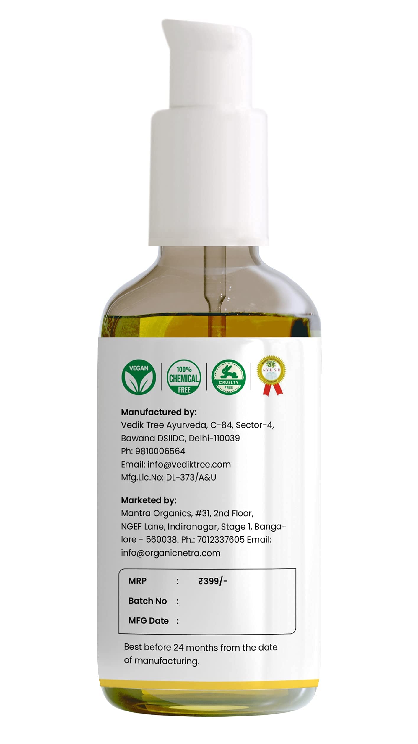 Organic Netra 100% Pure Plant Based Vitamin E Oil For Radiant, Moisturized Youthful Skin for Men & Women, Reduces Scars, Stretch Marks, and Wrinkles, Helps in Hair Growth, 30ml