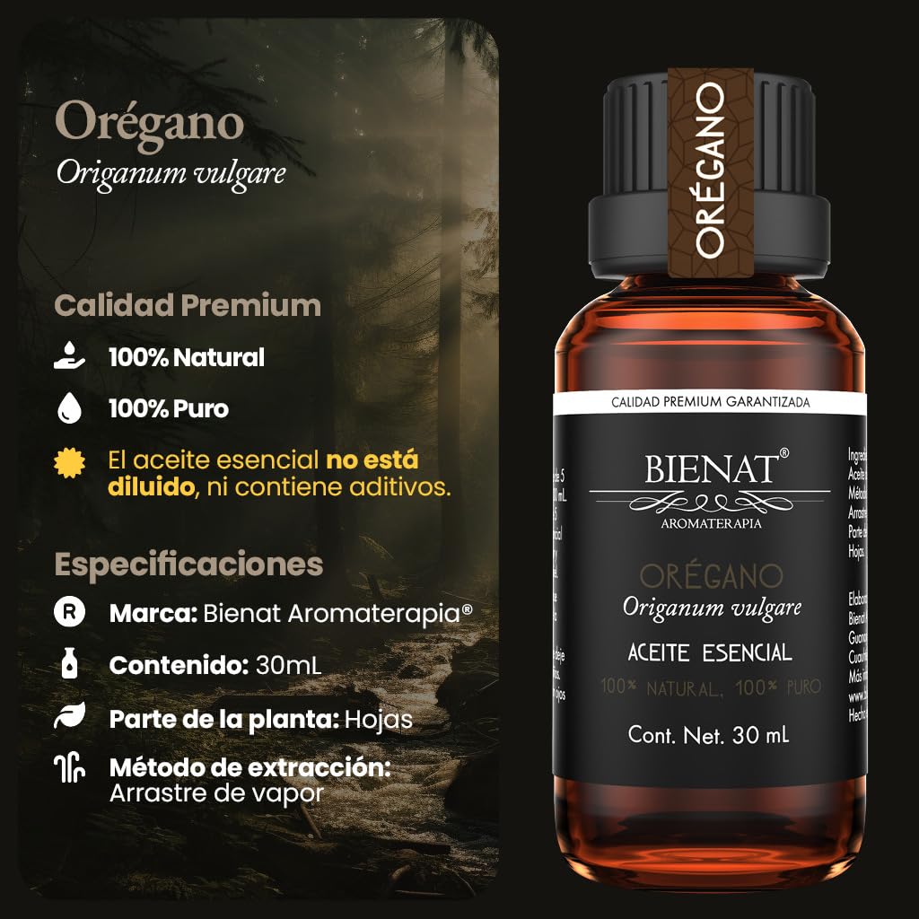 BIENAT AROMATERAPIA Aceite Esencial de Orégano 30mL | 100% Puro y Concentrado | Ideal para Difusor de Aromas, Humidificador, Aromaterapia, Masajes, Meditación, Jabones y Velas | Esencia Natural en Gotas