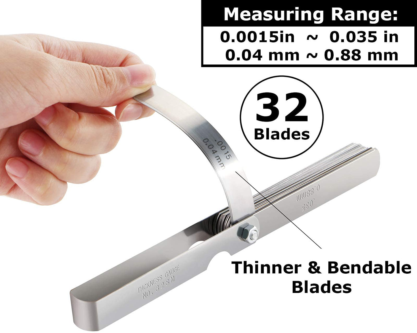 Spurtar - Medidores de sensor de 32 cuchillas de 0.0015-0.035 pulgadas (0.04-0.88 mm) de acero inoxidable para medir el ancho y el grosor del hueco para guitarra, bujía, pistón medido