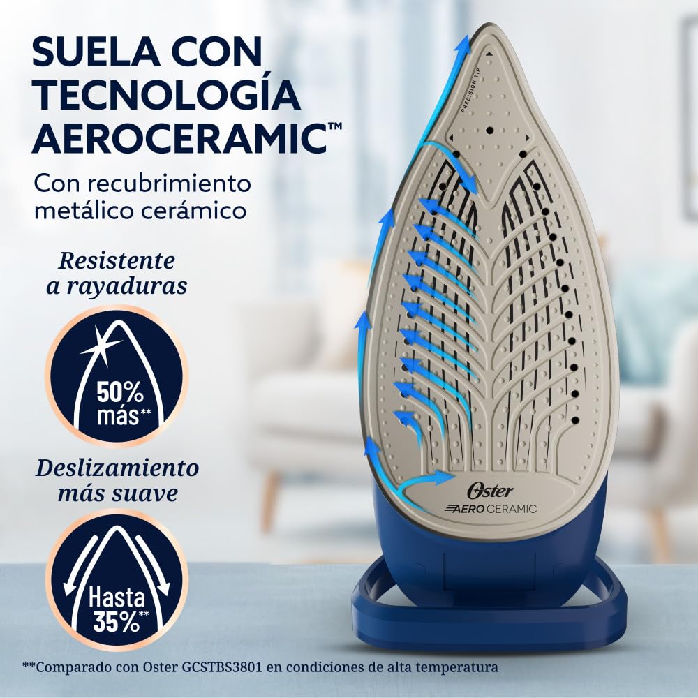 Oster Plancha de Vapor, AeroGlide Plus S7400, con Golpe de Vapor 200 g/min, Recubrimiento Metálico Cerámico, Suela con más Cobertura, Tecnología Aeroceramic, Antigoteo, Azul Oscuro, GCSTAC7401-013