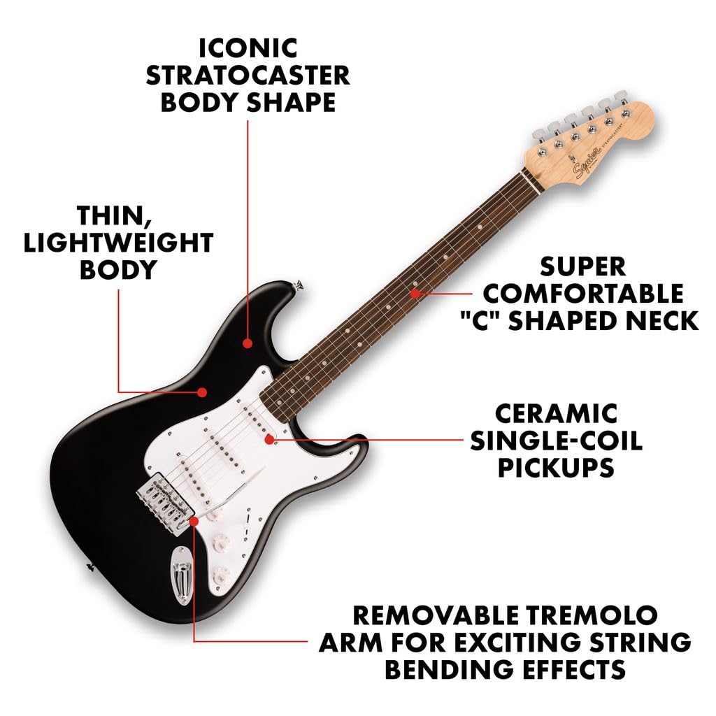 Fender Squier Debut Collection™ Stratocaster® Electric Guitar, Laurel Fingerboard, White Pickguard, Black
