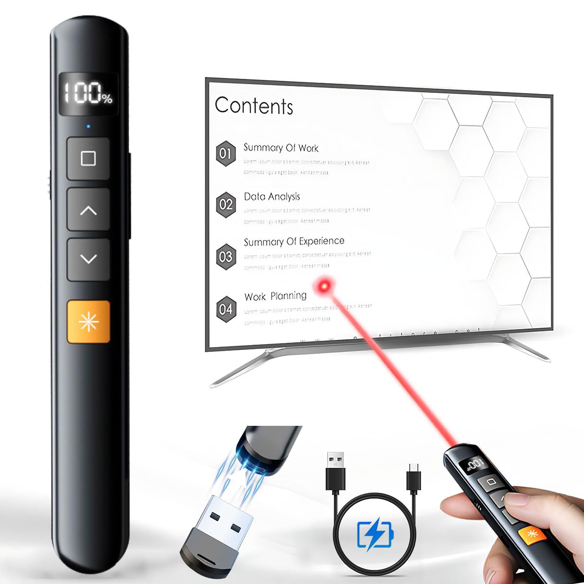 Presentador Inalámbrico LED USB Recargable con Pantalla Digital y Control de Volumen para Presentaciones en Windows y Mac