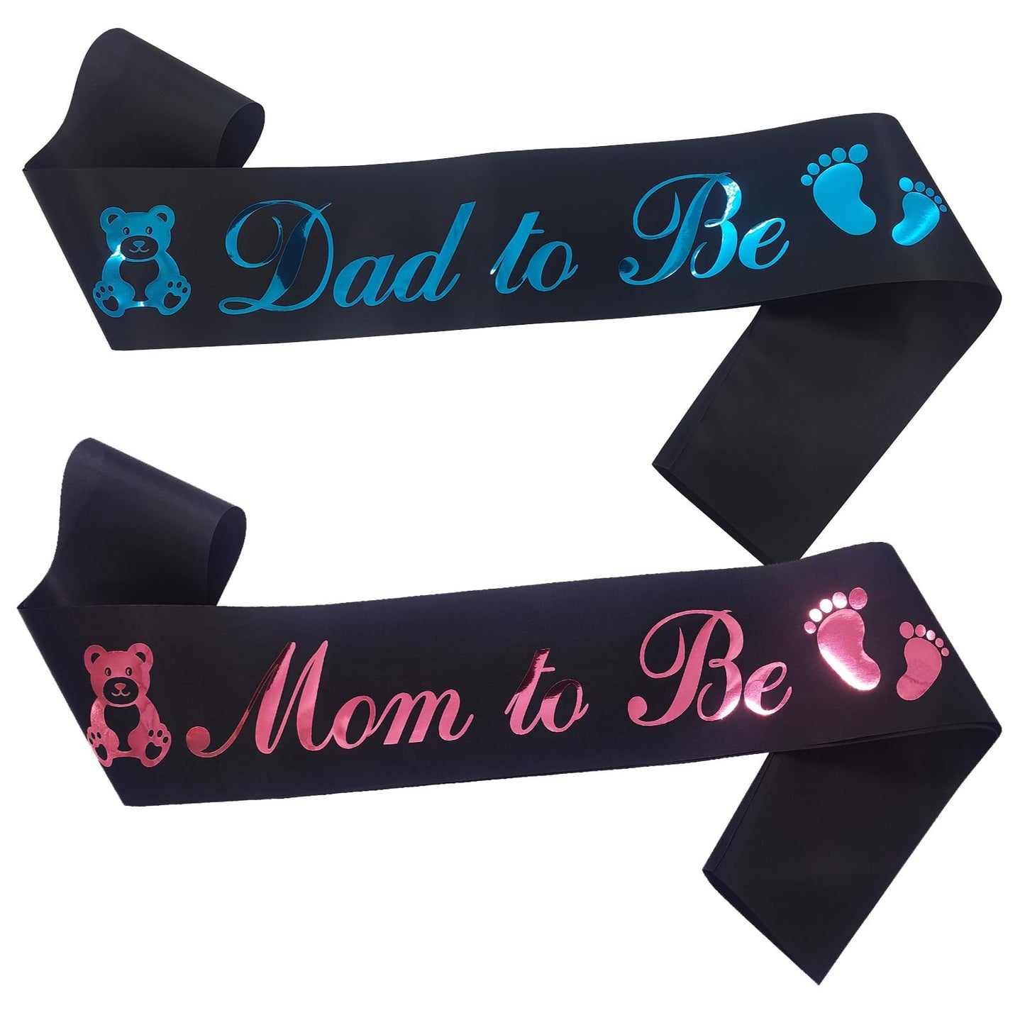 Juego de 2 bandas para mamá a ser y papá para ser sash, satén negro con letras doradas y azules, suministros de decoración de baby shower para regalos de madre padre, fiesta de revelación de género
