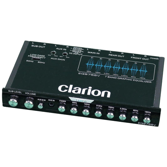 Clarion EQS755V 7 Bandas de Audio para Coche tamaño 1/2 DIN Ecualizador/Cruce gráfico de Coche con Entrada Auxiliar Frontal de 3,5 mm, Entrada Auxiliar RCA Trasera y entradas de Altavoz de Alto Nivel