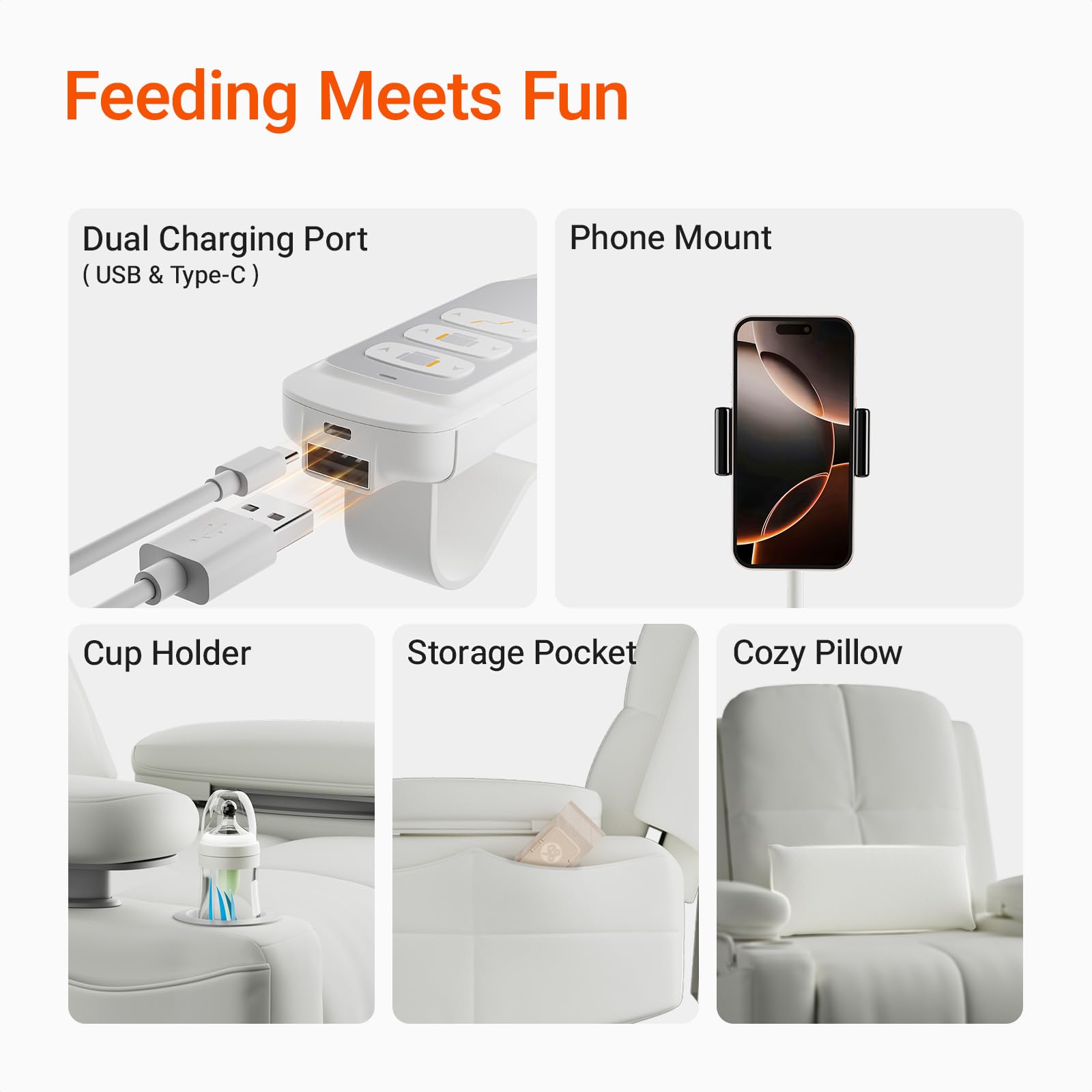 MAMAZING - Silla mecedora para guardería con reposabrazos ajustables, silla reclinable con planeador eléctrico para lactancia, silla reclinable giratoria con puerto USB y almacenamiento, certificado