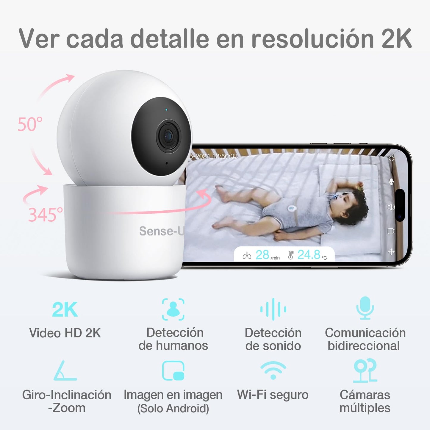 Monitor de Bebé Sense-U Blanco Inteligente 2K con Cámara PTZ y Sensores Avanzados