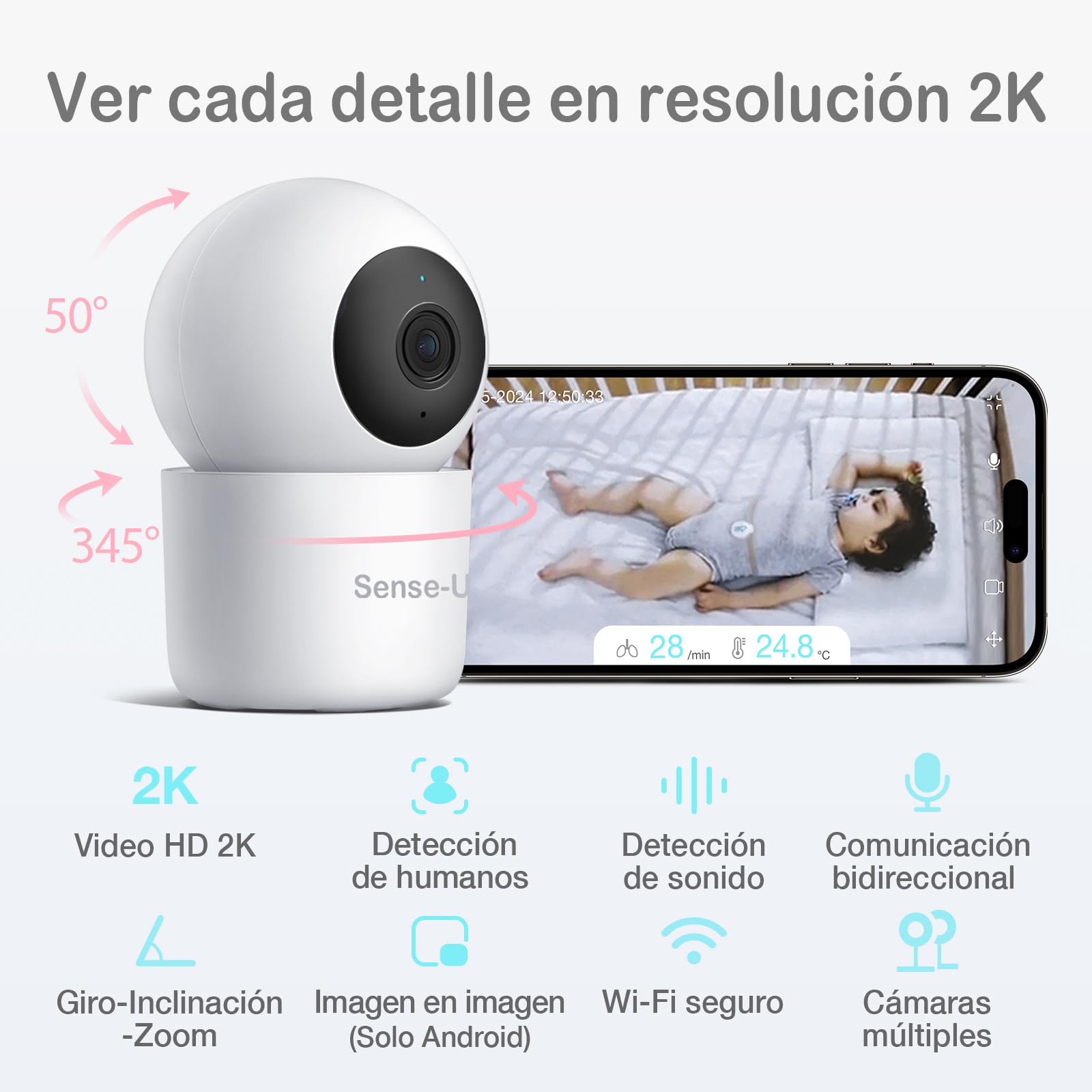 Monitor de Bebé Sense-U Blanco Inteligente 2K con Cámara PTZ y Sensores Avanzados