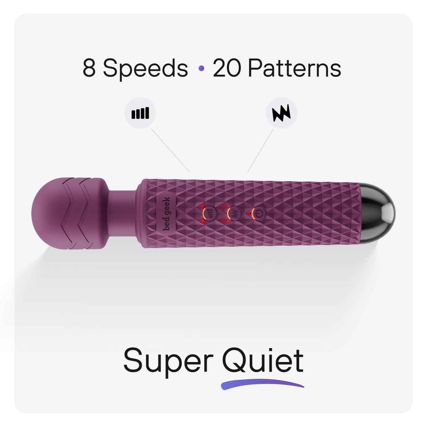 bed geek Wand Masajeador Corporal Personal Inalámbrico de Mano con Función de Memoria, Resistente al Agua, Recargable por USB, 20 Patrones de Vibración, 8 Velocidades, Silicona Suave para la Piel