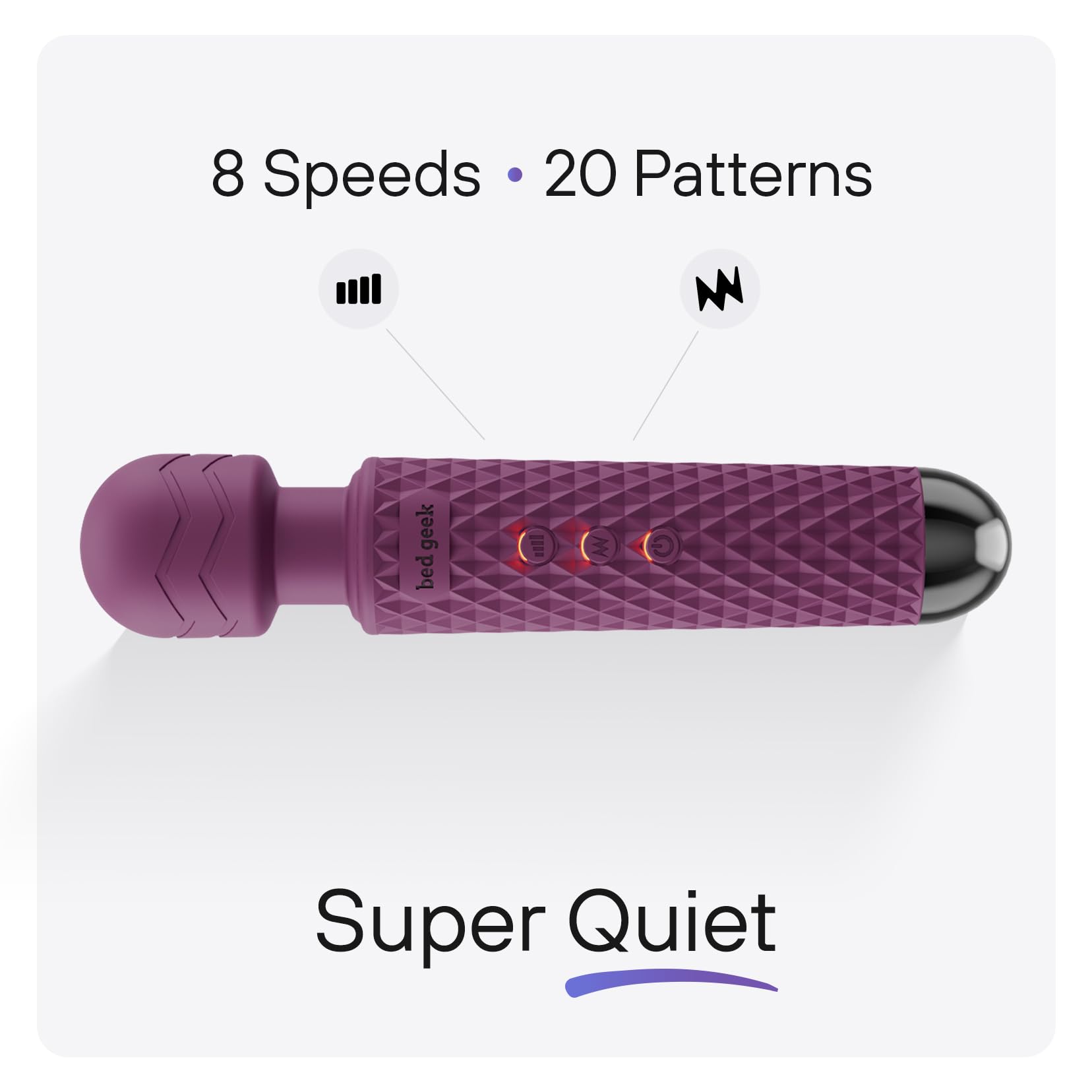 bed geek Wand Masajeador Corporal Personal Inalámbrico de Mano con Función de Memoria, Resistente al Agua, Recargable por USB, 20 Patrones de Vibración, 8 Velocidades, Silicona Suave para la Piel