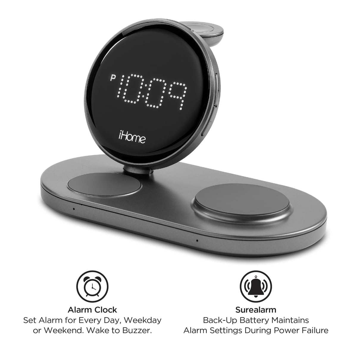 iHome POWERBOOST Quad 4 en 1 Dual Qi Cargador rápido inalámbrico, carga de Airpod, cargador Apple Watch y reloj despertador de carga USB, salida de potencia total de 30 W (iWW33)