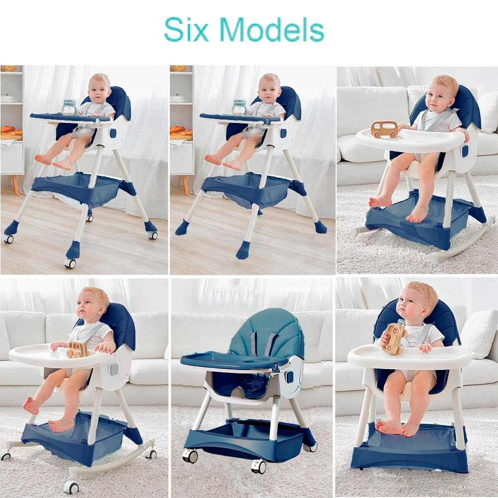 Silla alta para bebe, silla periquera para comer silla para bebe 6 en 1 con babero vaso entrenador y plato de comida, facil de armar, plegable multifuncion (Azul)