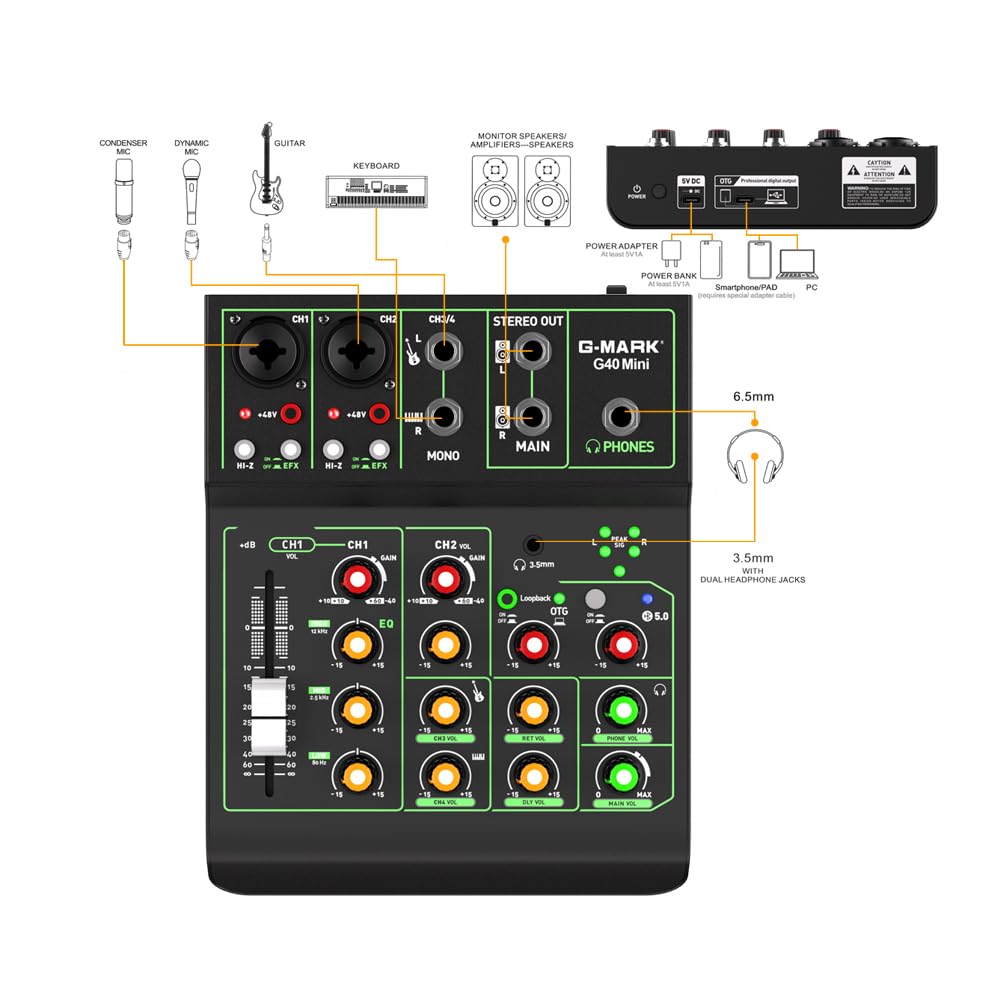 G-MARK Portátil Mezcladora de Audio de 4 Canales, USB OTG Interfaz Bluetooth Estéreo Phantom Power de 48 V Consola De Sonido para DJ, Estudio, Teléfono Móvil, Tableta (G40MINI 4 Canales)