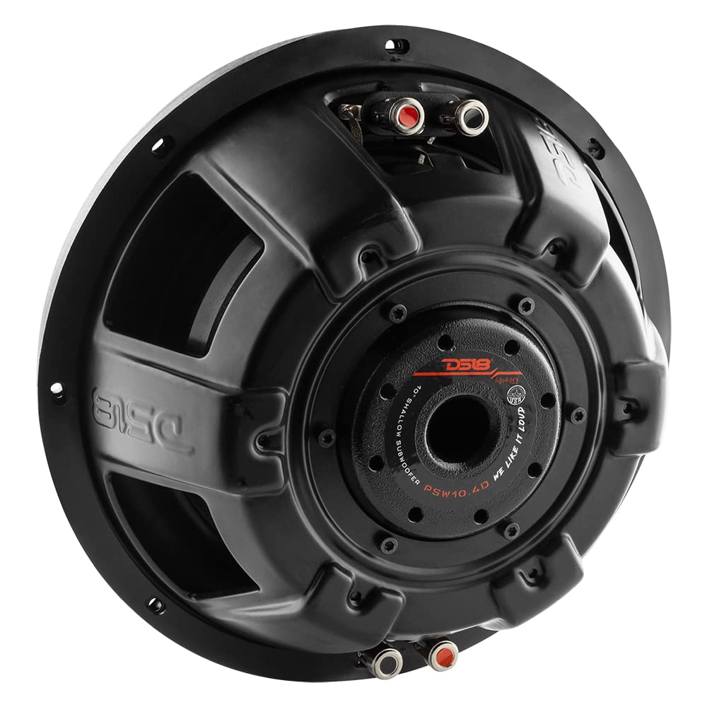 DS18 PSW10.4D - Subwoofer de montaje poco profundo de 10 pulgadas, 1000 vatios, potencia máxima de 500 vatios, bobina de voz dual RMS 4+4 ohms, resistente al agua, el mejor sub para espacios reducidos en coches y camiones - 1 altavoz