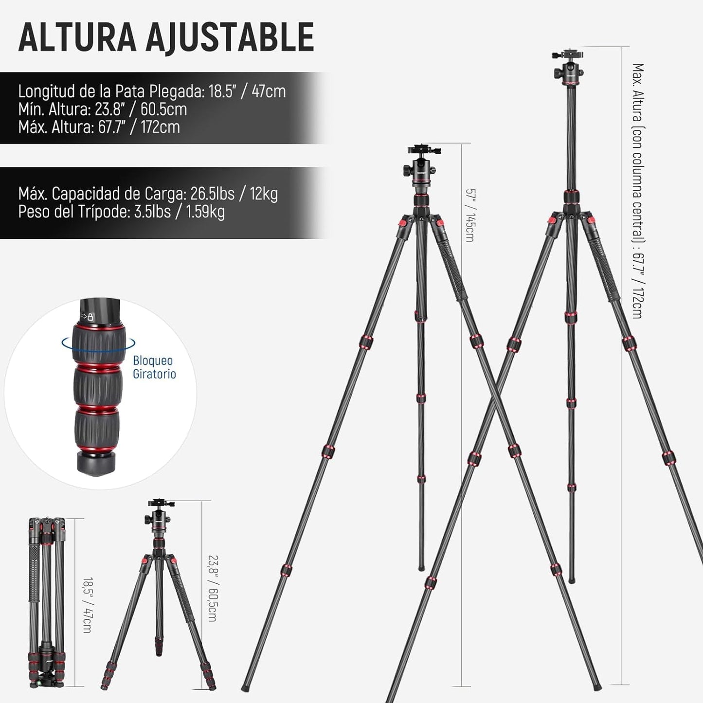 Trípode Monopie Neewer Negro Ligero con Rótula Giratoria 360° y Nivel de Burbuja 168cm para Cámara