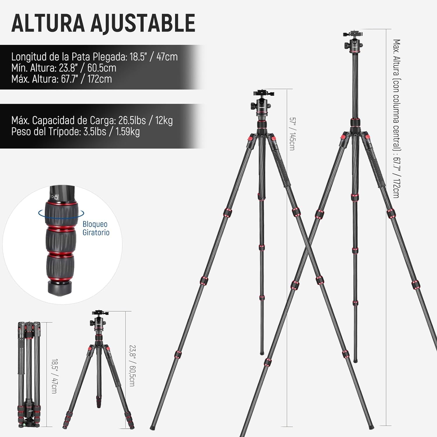 Trípode Monopie Neewer Negro Ligero con Rótula Giratoria 360° y Nivel de Burbuja 168cm para Cámara