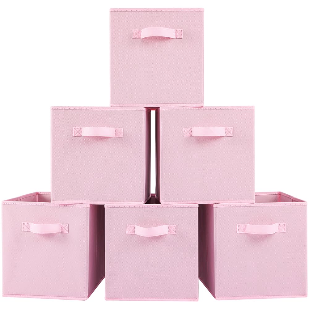 Cubos de tela para almacenamiento, paquete de 6, divertidos cubos de almacenamiento duraderos de colores con asas, cestas plegables para el hogar, color rosa