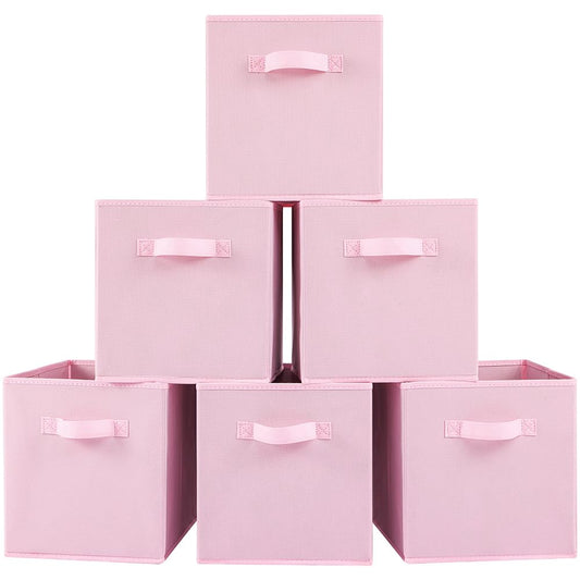 Cubos de tela para almacenamiento, paquete de 6, divertidos cubos de almacenamiento duraderos de colores con asas, cestas plegables para el hogar, color rosa