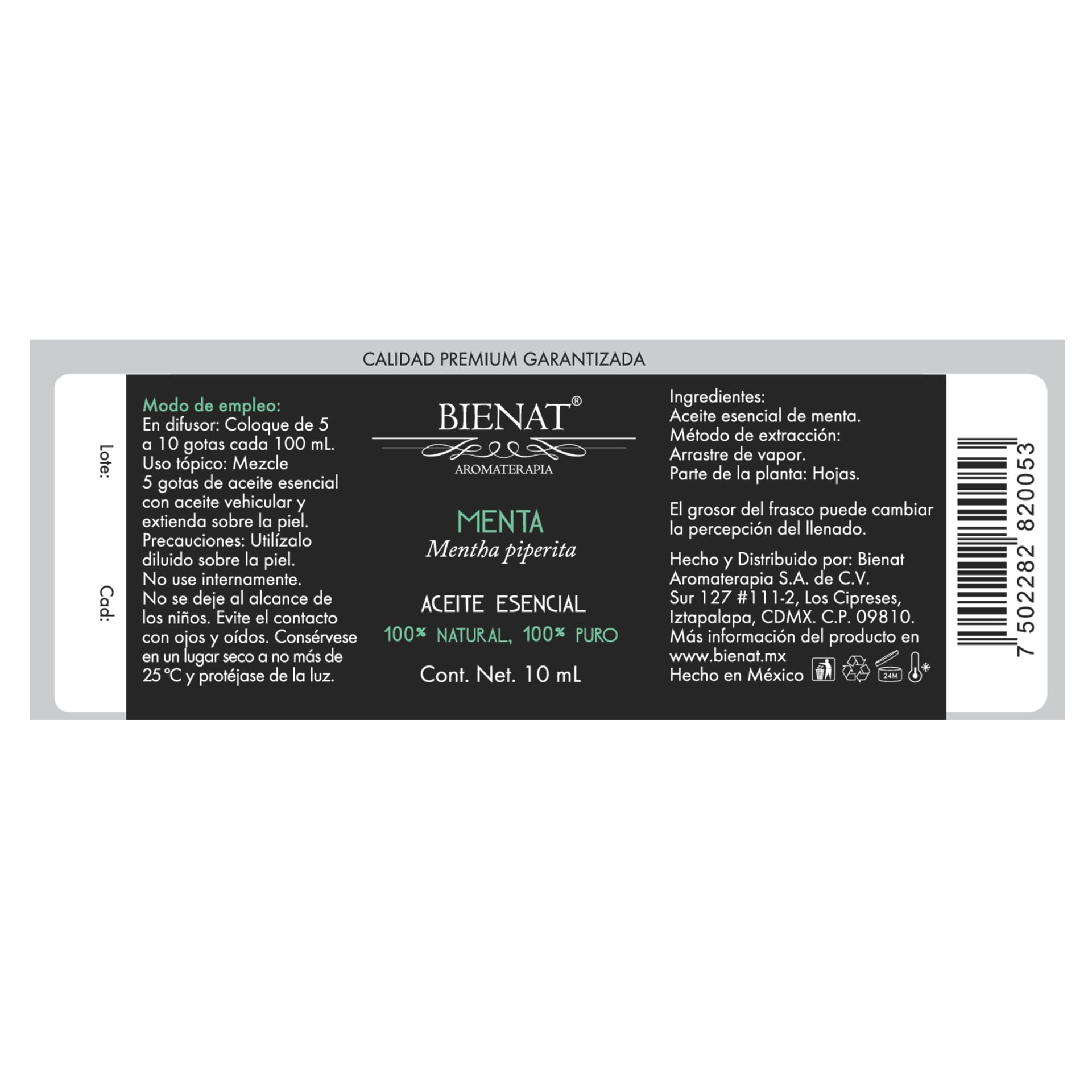 BIENAT AROMATERAPIA Aceite Esencial de Menta 10mL | 100% Puro y Concentrado | Ideal para Difusor de Aromas, Humidificador, Aromaterapia, Masajes, Meditación, Jabones y Velas | Esencia Natural en Gotas