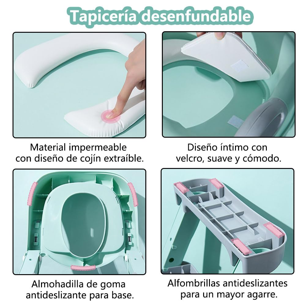 Asiento Entrenador para Baño Infantil Tapizado con Escalera Antideslizante Verde