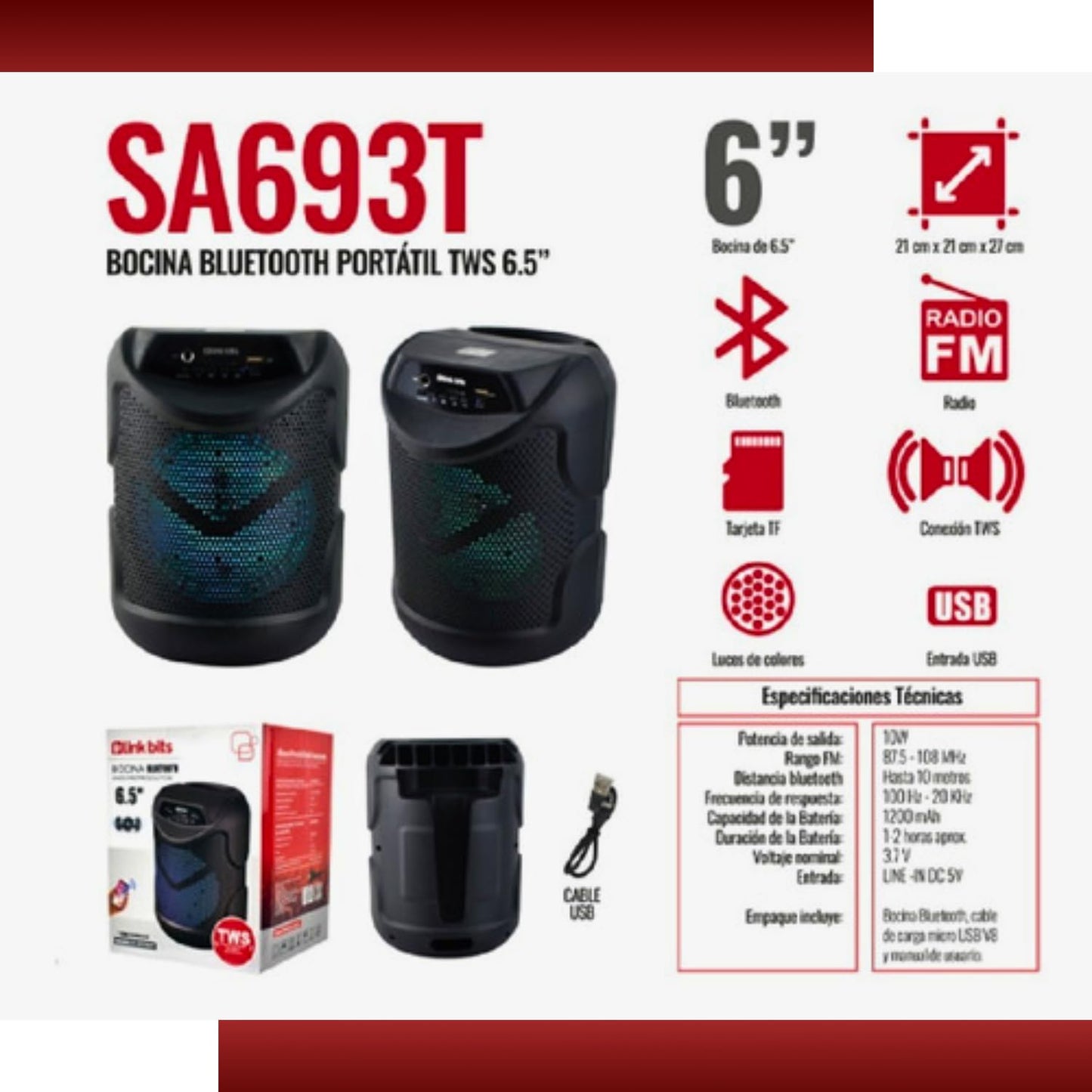 LINK BITS SA693T Bocina Bluetooth 6.5 Pulgadas, Radio FM Altavoz Inalámbricos Portátiles, Graves Potentes, Tarjeta TF, Reproducción USB, bafle Karaoke para Fiesta con Luz Led, Recargable Speaker.