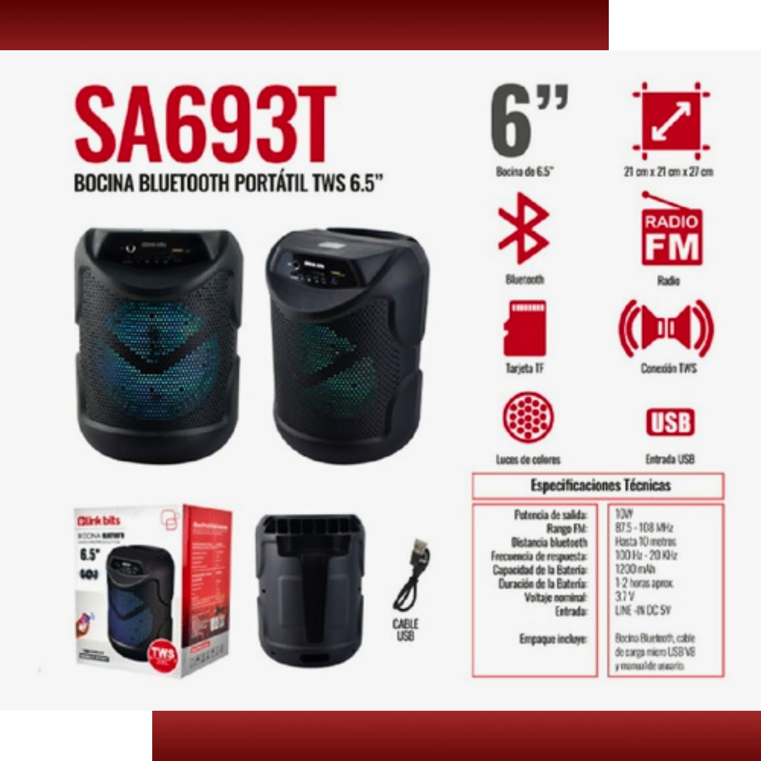 LINK BITS SA693T Bocina Bluetooth 6.5 Pulgadas, Radio FM Altavoz Inalámbricos Portátiles, Graves Potentes, Tarjeta TF, Reproducción USB, bafle Karaoke para Fiesta con Luz Led, Recargable Speaker.