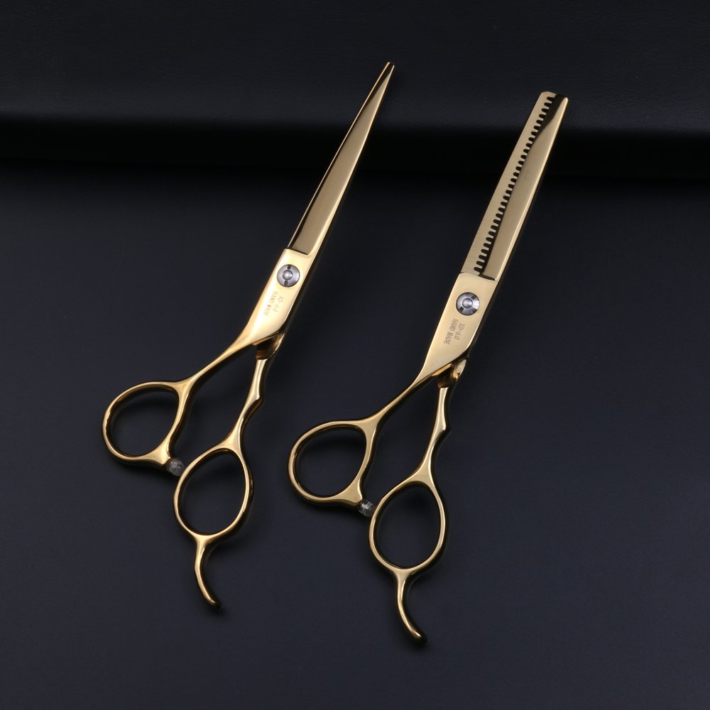 Purple Dragon Tijeras Profesionales de Peluquería para Zurdos 6.0" de Acero Inoxidable Japonés 440C con Tijeras de Entresacar - Perfectas para Peluqueros Zurdos (Dorado)