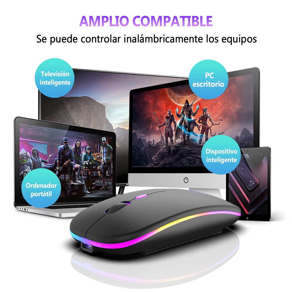 Free wolf X15 Mouse Inalámbrico, Wireless óptico Recargable 2.4 G Ergonómico Silencioso Click con Receptor USB 3(800/1200/1600) Ajustable dpi Ratón para Computadora,Portátil,PC,Mac (Negro Mate)