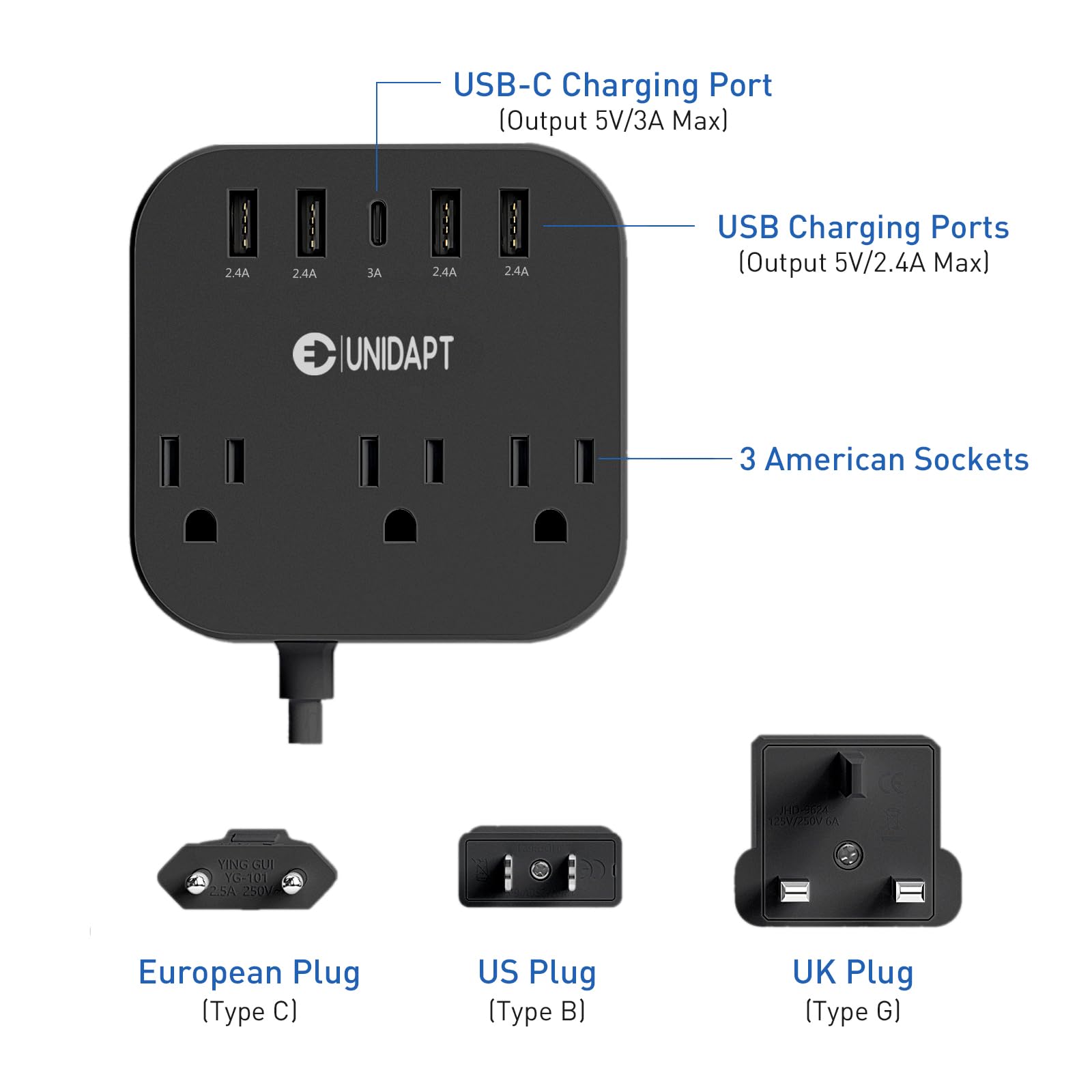 Adaptador de Enchufe Europeo Unidapt Negro con Regleta y Cable de Extensión de 5 Pies