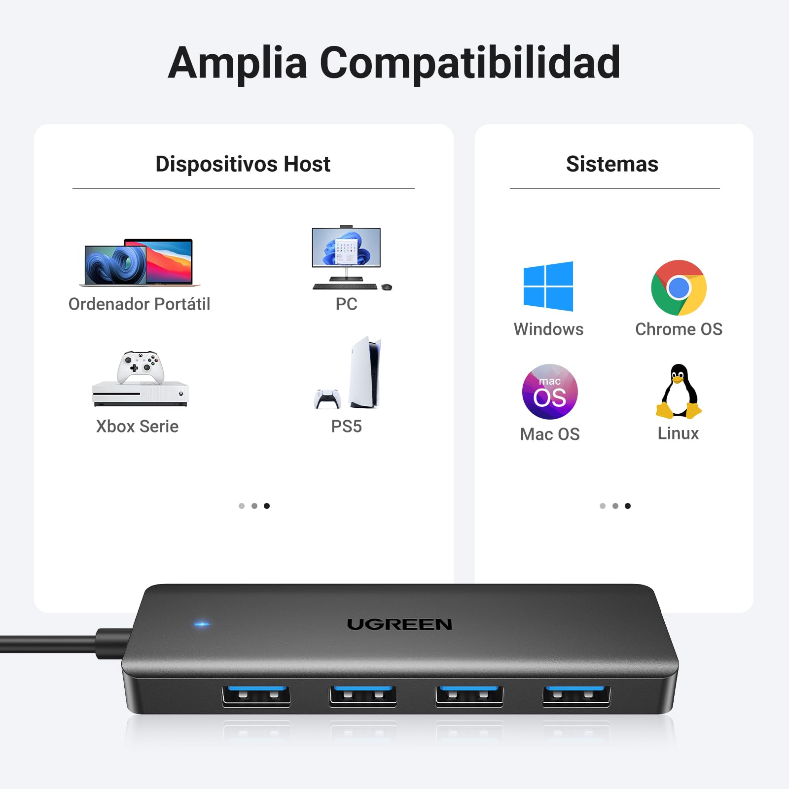 Hub USB 3.0 UGREEN Negro 4 Puertos 5Gbps 60CM