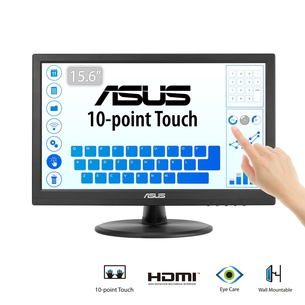 Asus Monitor táctil VT168HR, 15.6 pulgadas, 1366 x 768, táctil de 10 puntos, HDMI, sin parpadeo, Low Blue Light, montaje en pared, tecnología Eye Care