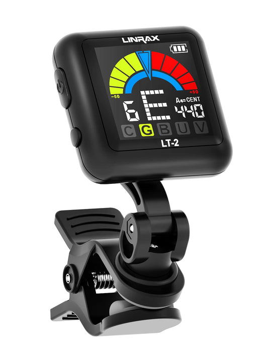 Linrax LT-2 Afinador de Guitarra Recargable, Afinador Digital para Guitarra, Bajo, Ukelele, Violín, Banjo, Mandolina, Sintonizador Cromático Clip con Pantalla LCD a Color 360°, Clip-On Tuner, Negro