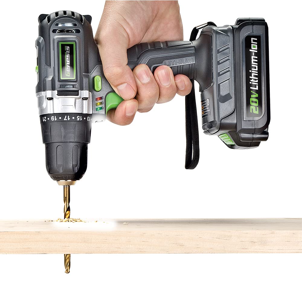 Genesis GLCD2038A - Taladro de velocidad variable inalámbrico con batería de iones de litio de 20 V con portabrocas de 3/8 pulgadas, luz de trabajo LED integrada, batería de 20 V, cargador y broca de destornillador de doble punta, gris/negro/verde