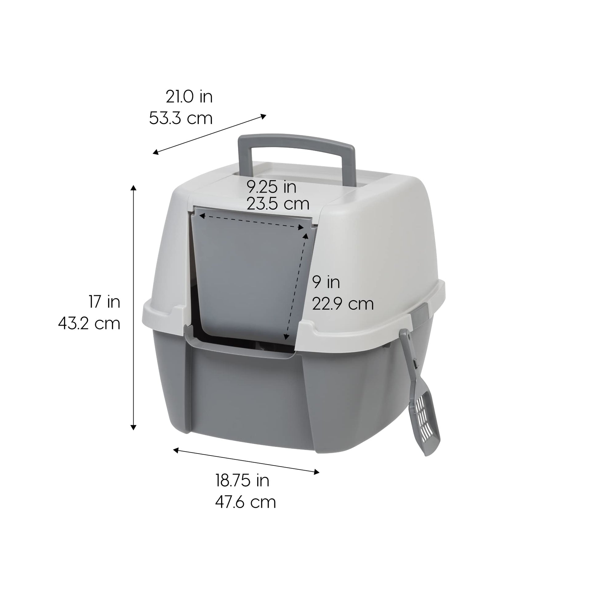 IRIS USA Jumbo Enclosed Cat Litter Box with Front Door Flap and Scoop, Hooded Kitty Litter Tray with Handle and Buckles for Portability and Privacy, Gray