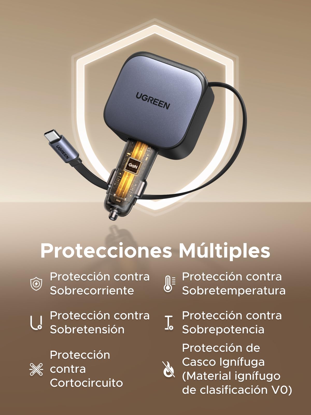 Cargador para Auto UGREEN Negro 3 en 1 Carga Rápida con Cable Retráctil USB C 60W