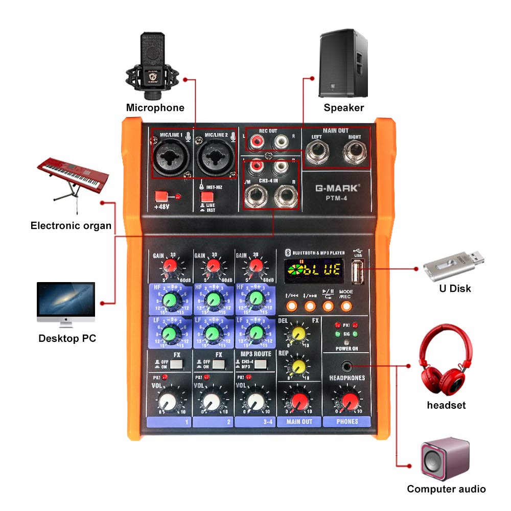 G-MARK Mezcladora de Audio de 4 Canales DJ Mezclador de Audio Digital Interfaz Bluetooth USB Karaoke Consola De Sonido para PC KTV Escenario Grabación, Placa de Sonido Portátil Consola de Mezcla