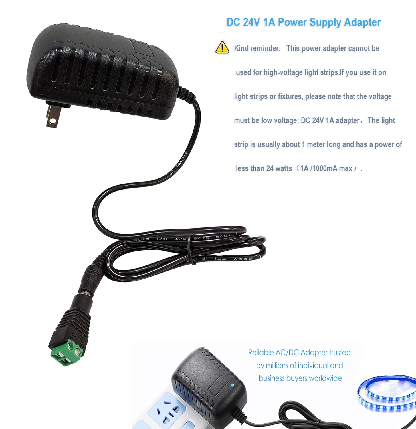 Adaptador de CA Negro para Tira de Luz LED, Cámara CCTV, Bomba de CC 24V 1A 24W Enchufe 5,5mm x 2,5mm