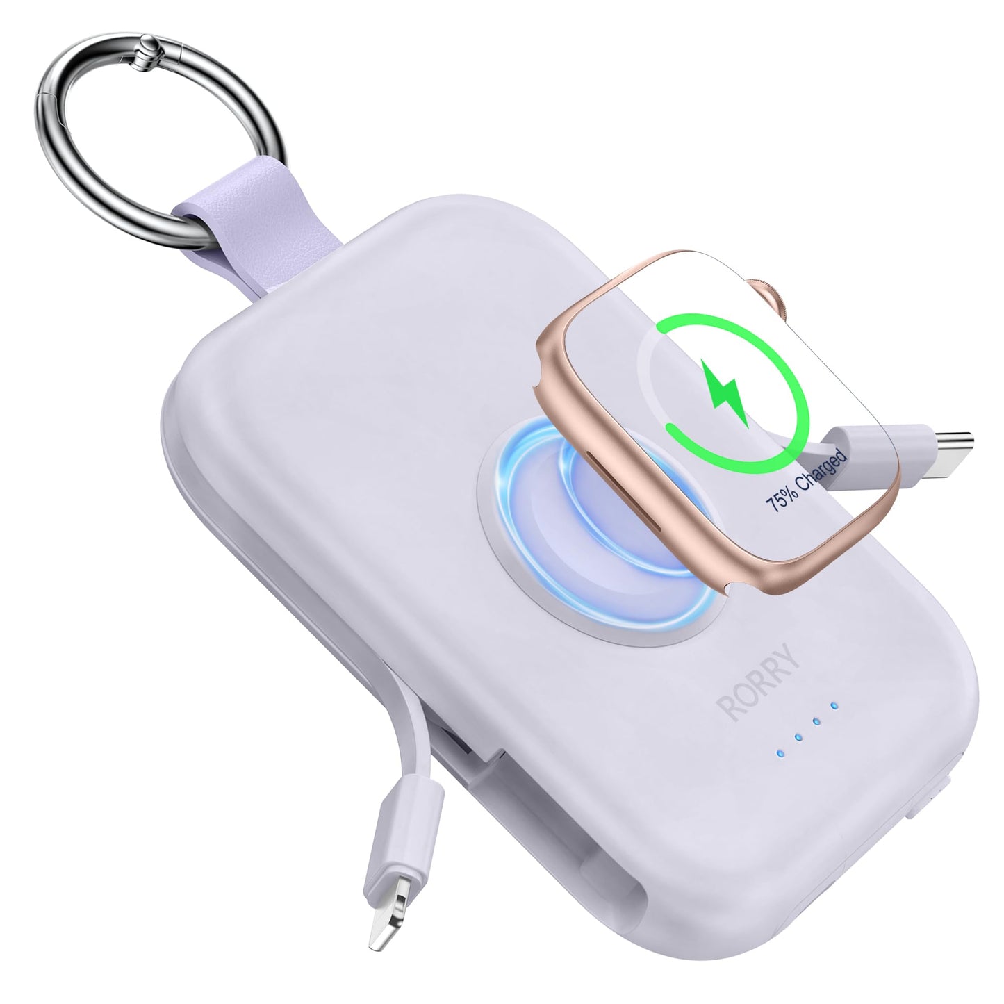 Power Bank RORRY Púrpura con Cables Integrados para Apple Watch e iPhone