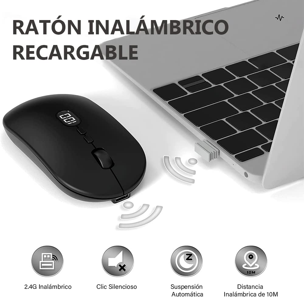 Free wolf X1 Mouse Inalámbrico con Pantalla de Batería, Wireless óptico Recargable 2.4 G Ergonómico Silencioso Click 800/1200/1600 Ajustable dpi Ratón para Computadora,Portátil,PC,Mac (Negro)